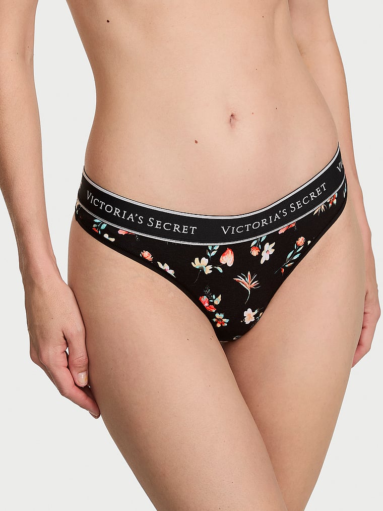 Victoria's Secret, Cotton Logo Cotton Thong Panty, Black Floral, onModelFront, 1 of 3 Maggie is 5'7" and wears Small