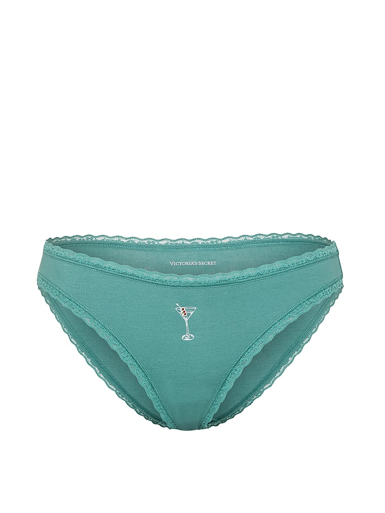 Victoria's Secret, Lace Trim Cotton Lace-Waist Bikini Panty, Gentle Green Martini, offModelFront, 3 of 3