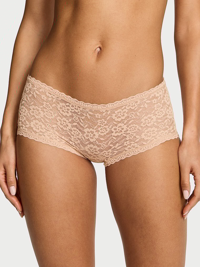 Victoria's Secret, The Lacie Lace Low-Rise Boyshort, Praline, onModelFront, 1 of 3