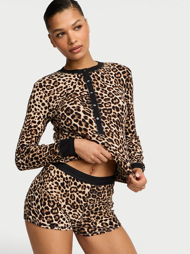 Victoria's Secret, Victoria's Secret Soft Thermal Henley Short Pajama Set, Leopard, onModelFront, 1 of 3