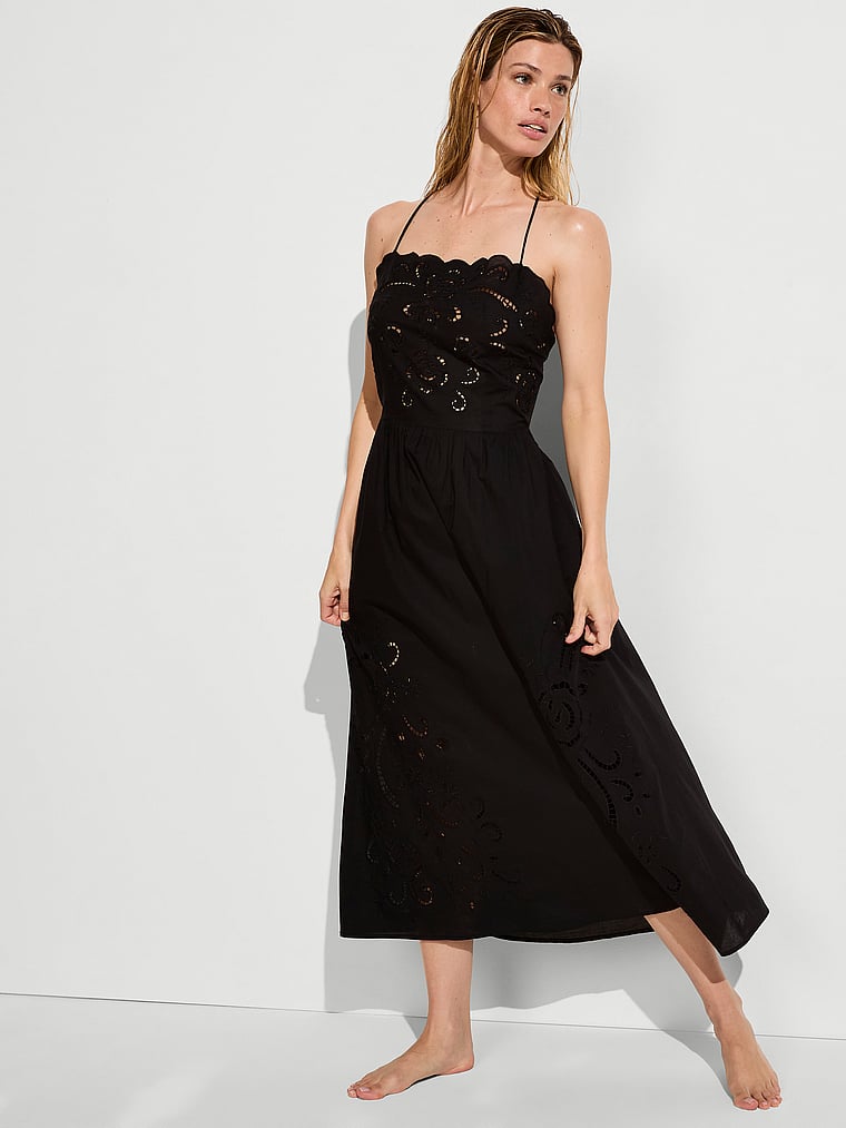 Victoria's Secret, Victoria's Secret Swim Beachwear Eyelet Open-Back Midi Dress, Black, onModelFront, 1 of 4 Maggie is 5'7" and wears 32B or Small