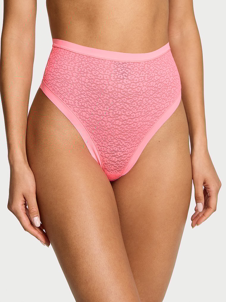 Victoria's Secret, No-Show No-Show Leopard Lace High-Waist Thong Panty, Pink Highlighter, onModelFront, 1 of 3