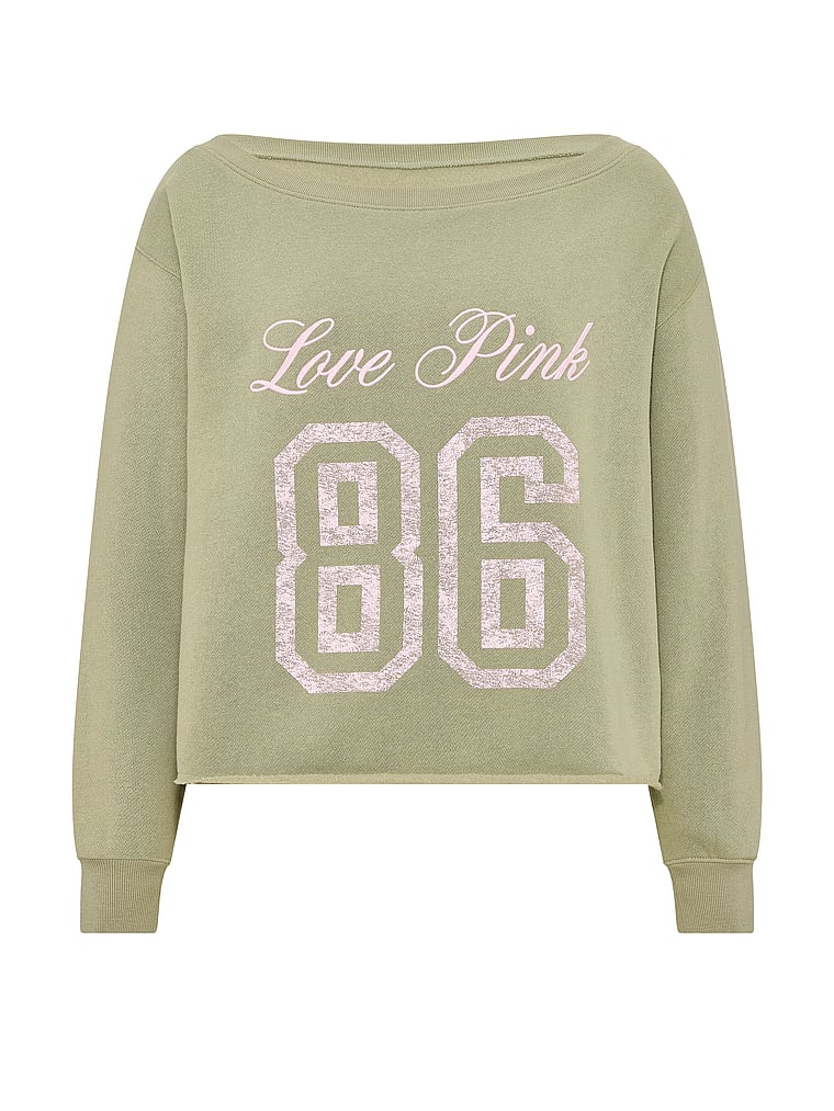 PINK Campus Fleece™ Rib Off-The-Shoulder Sweatshirt, Slate Green, offModelFront, 3 of 3