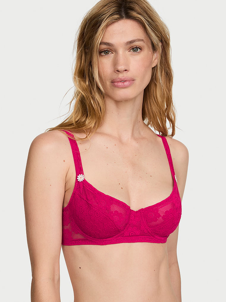 Victoria's Secret, Victoria's Secret Lacie Unlined Balconette Bra, Vibrant Fuschia, onModelFront, 1 of 3 Maggie is 5'7" and wears 32B or Small