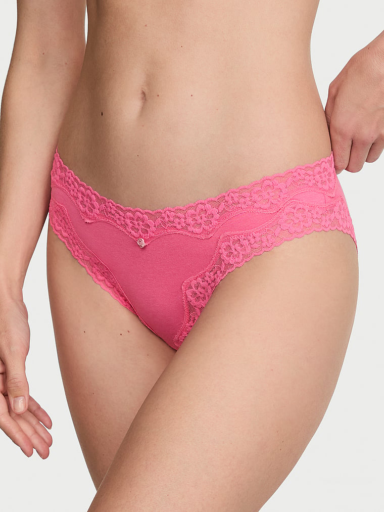 Victoria's Secret, Lace Trim Cotton Lace-Waist Bikini Panty, Pink Radiance, onModelFront, 1 of 3 Maggie is 5'7" and wears Small