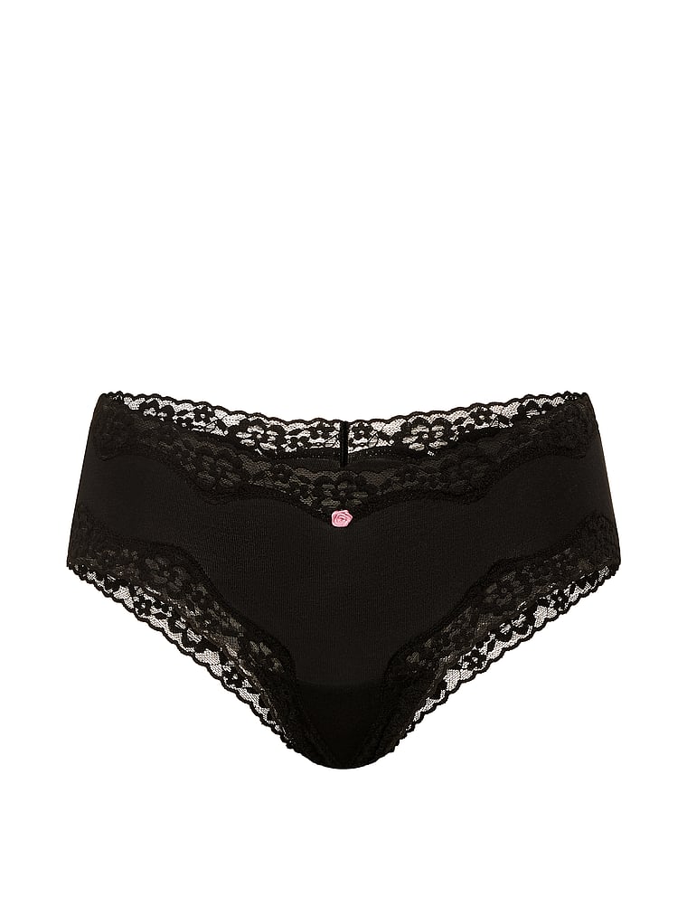 Victoria's Secret, Lace Trim Cotton Bow Lace-Trim Cheeky Panty, Black, offModelFront, 3 of 3