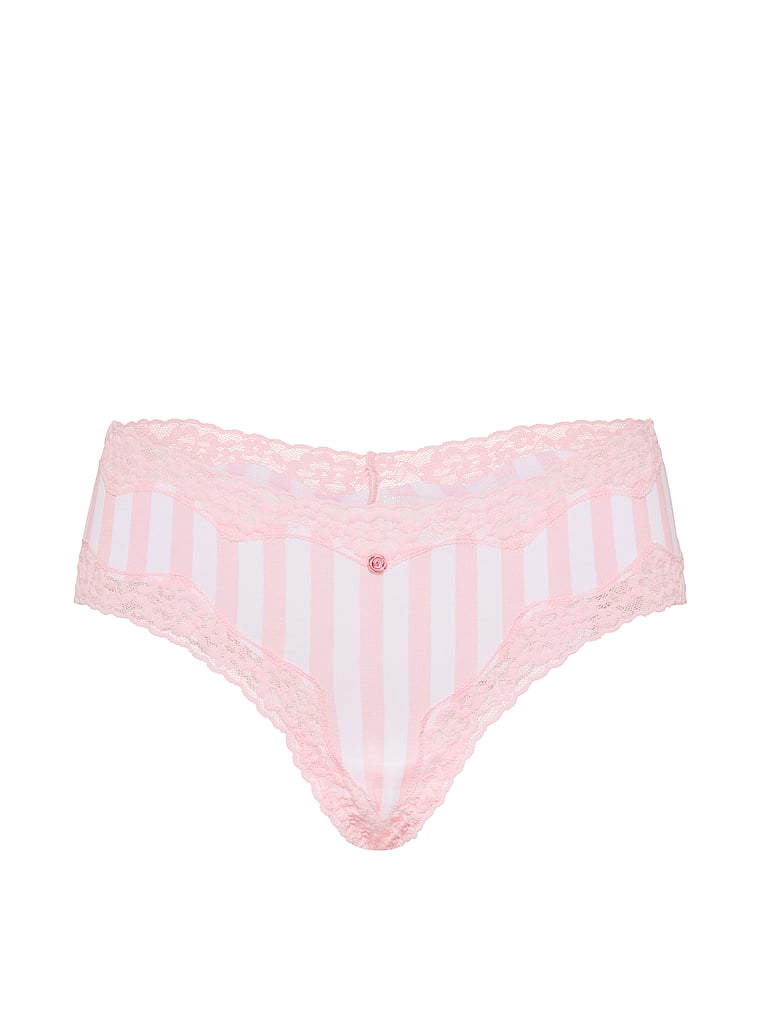 Victoria's Secret, Lace Trim Cotton Bow Lace-Trim Cheeky Panty, Pretty Blossom Iconic Stripe, offModelFront, 3 of 3