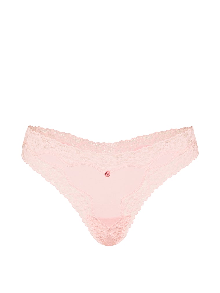 Victoria's Secret, Lace Trim Cotton Lace-Waist Thong, Angel Pink, offModelFront, 3 of 3