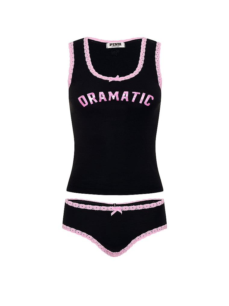 PINK Lace-Trim Tank Top & Panty Set, Black, offModelFront, 4 of 5