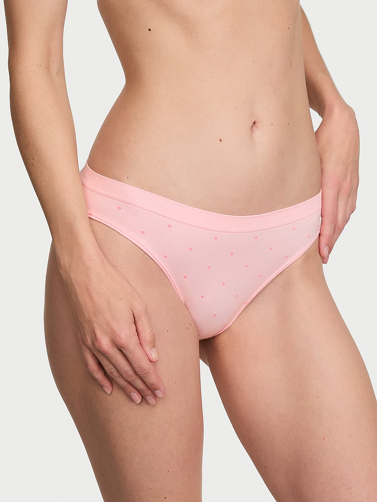 Victoria's Secret, Seamless Seamless Bikini Panty, Angel Pink, onModelFront, 1 of 2 Maggie is 5'7" or 170cm and wears Small
