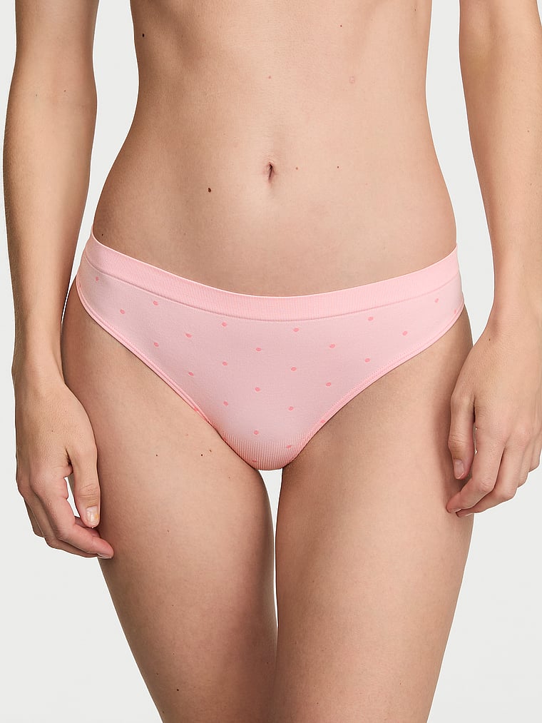 Victoria's Secret, Seamless Seamless Thong Panty, Angel Pink, onModelFront, 1 of 3 Maggie is 5'7" and wears Small