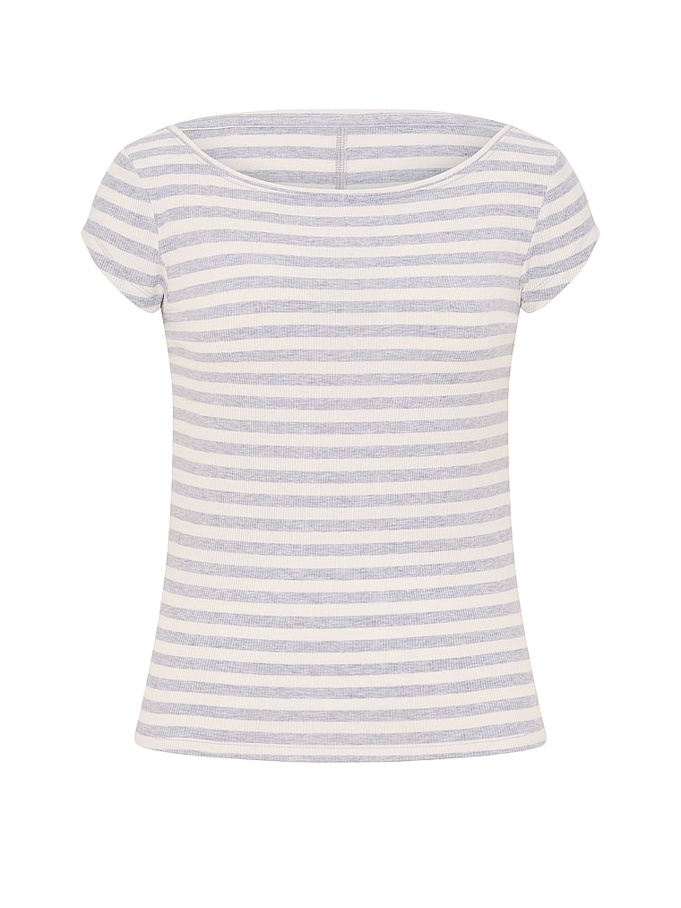 Victoria's Secret, Angel Essentials VS Iconic Rib Boatneck Tee, Medium Heather Grey Stripes, offModelFront, 3 of 3