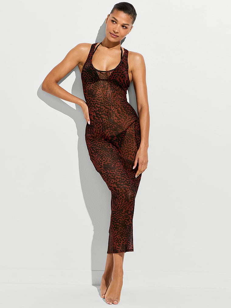 Victoria's Secret, Victoria's Secret Swim Beachwear Mesh Tank Maxi Dress, Cheetah, onModelFront, 1 of 3