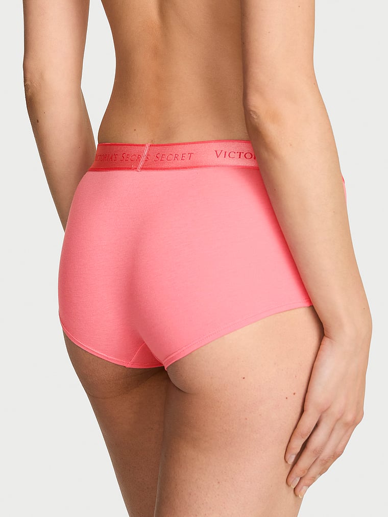 Victoria's Secret, Cotton Logo Cotton Lace Patch Boyshort Panty, Pink Cocktail, onModelBack, 2 of 3