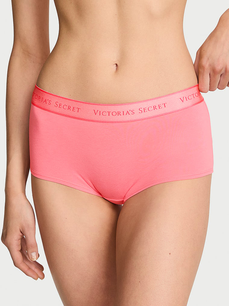 Victoria's Secret, Cotton Logo Cotton Lace Patch Boyshort Panty, Pink Cocktail, onModelFront, 1 of 3