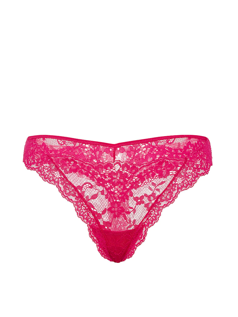 Victoria's Secret, Dream Angels Lace & Mesh Thong Panty, Vibrant Fuchsia, offModelFront, 3 of 3