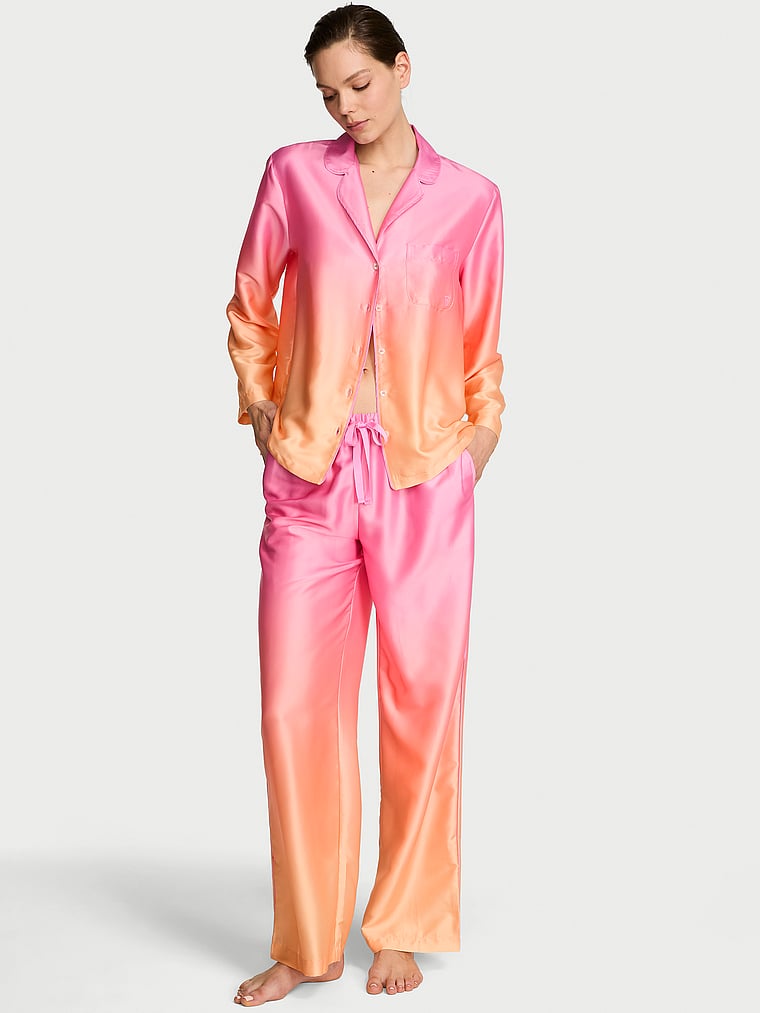 Victoria's Secret, Victoria's Secret Signature Satin Long Pajama Set, Pink/Orange Ombre, onModelFront, 1 of 5