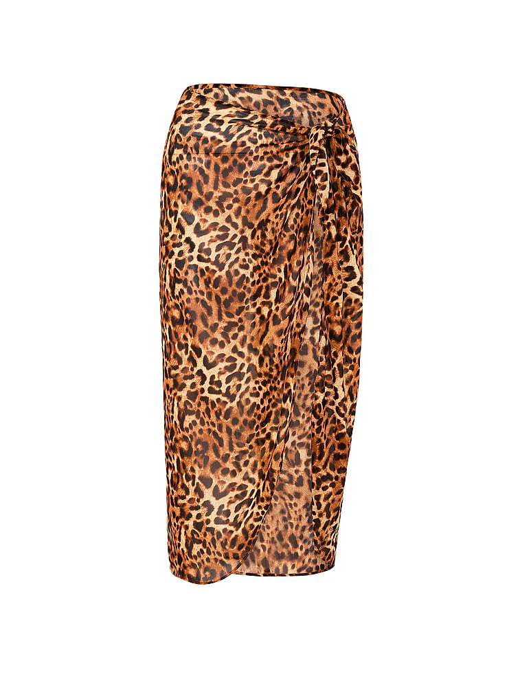 Victoria's Secret, Victoria's Secret Swim Beachwear Sheer Crinkle Midi Sarong, Leopard, offModelFront, 3 of 3
