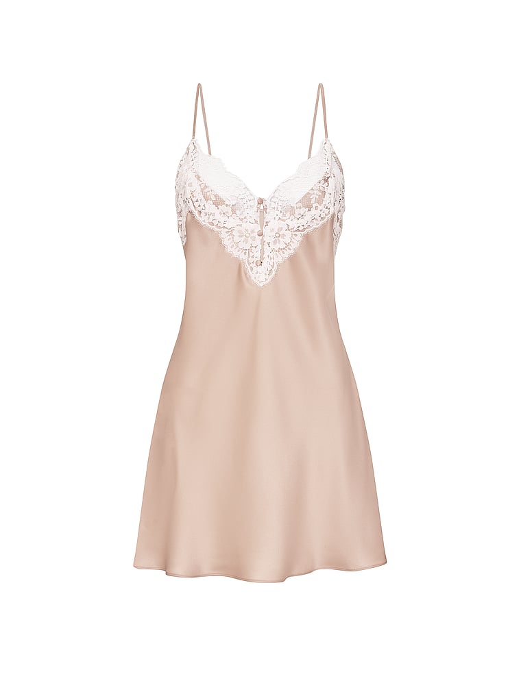 Victoria's Secret, Dream Angels Satin Lace-Trim Short Slip Dress, Oyster, offModelFront, 3 of 3