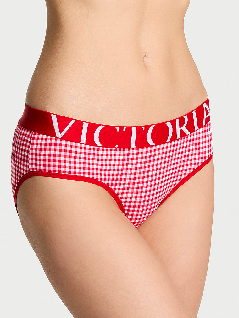 Victoria's Secret, Cotton Logo Cotton Shine Patch Hiphugger Panty, Lipstick Gingham, onModelFront, 1 of 3