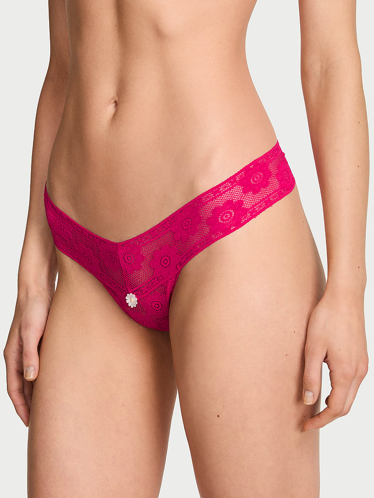 Victoria's Secret, The Lacie Lace Lace-Up Thong Panty, Vibrant Fuchsia, onModelFront, 2 of 4