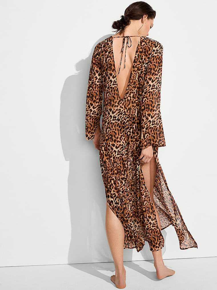 Victoria's Secret, Victoria's Secret Swim Beachwear Sheer Crinkle Plunge Caftan, Leopard, onModelBack, 2 of 3