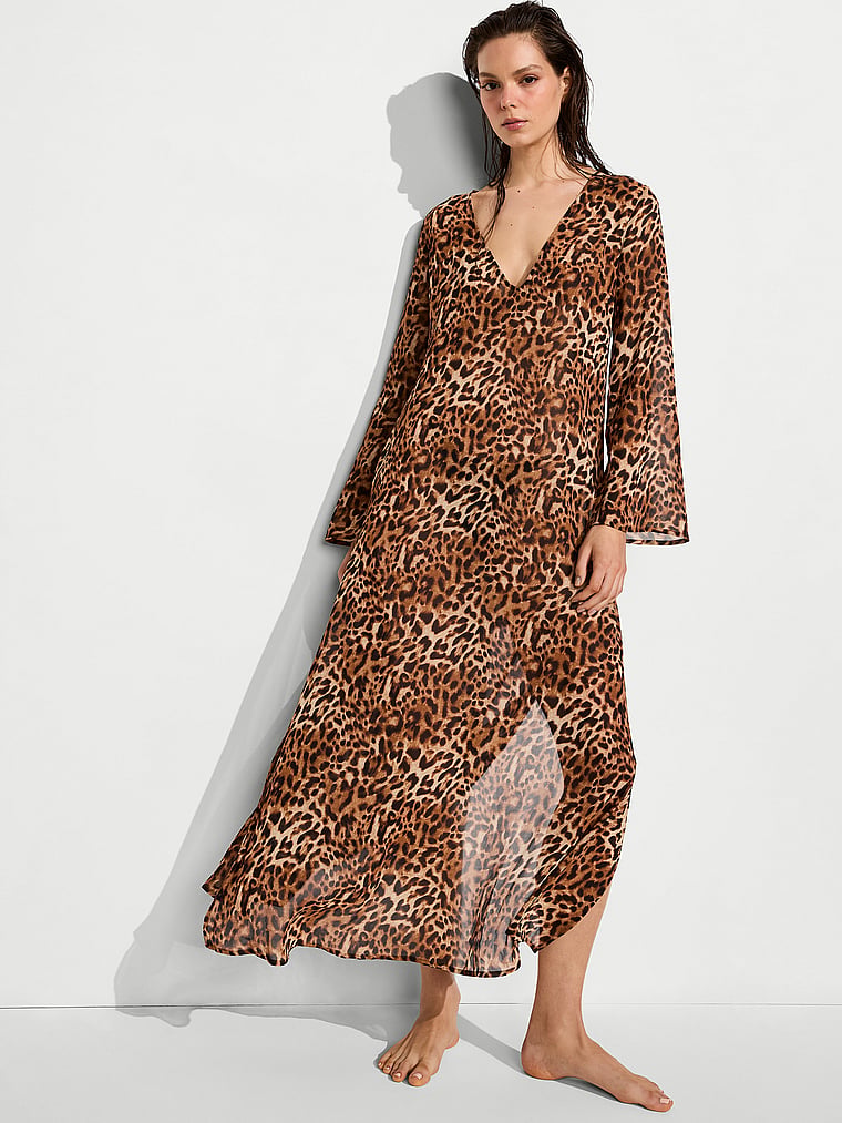 Victoria's Secret, Victoria's Secret Swim Beachwear Sheer Crinkle Plunge Caftan, Leopard, onModelFront, 1 of 3