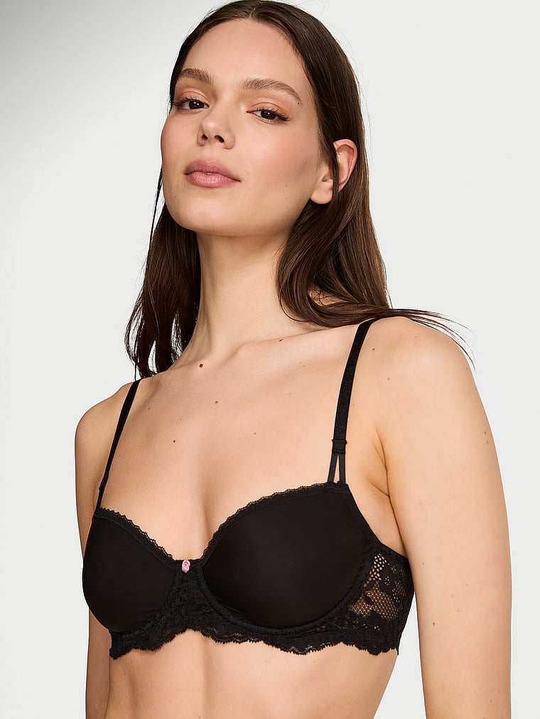 Victoria's Secret, Dream Angels Wicked Unlined Smooth & Lace Balconette Bra, Black, onModelFront, 1 of 4