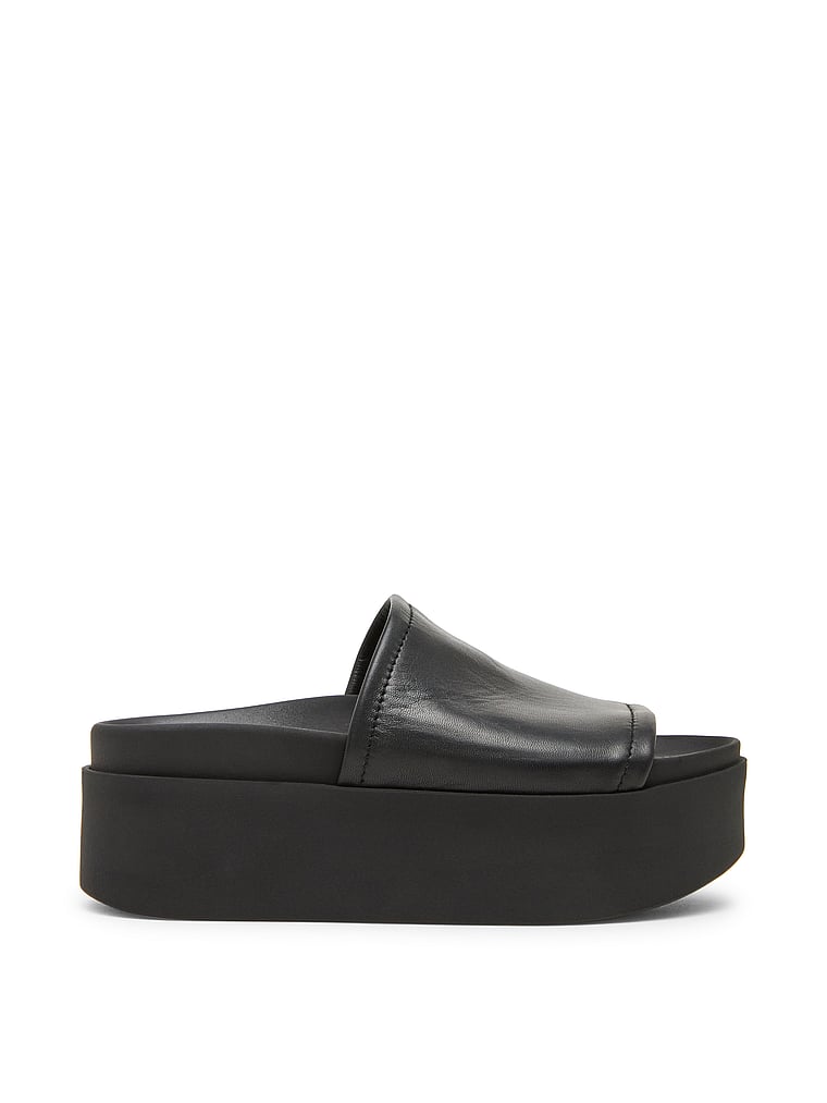 Steve Madden Arwen Slide Sandal, Black Leather, onModelSide, 3 of 3