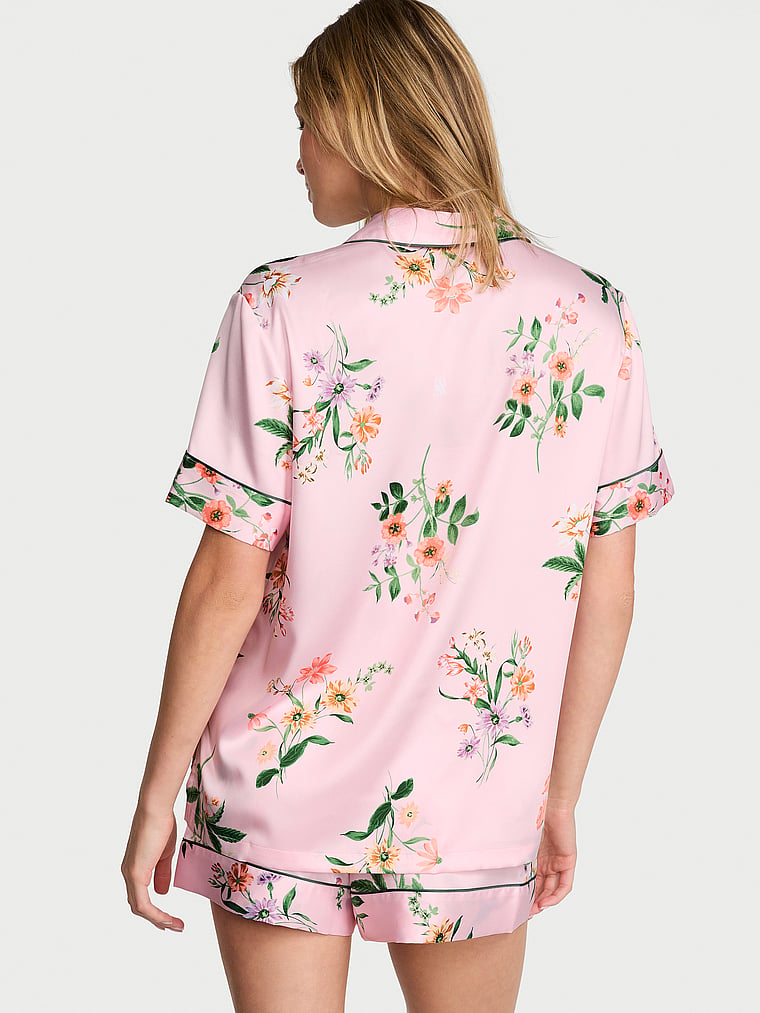 Victoria's Secret, Victoria's Secret Signature Satin Short Pajama Set, Angel Pink Botanical, onModelSide, 2 of 5 Aga is 5'10" and wears S/Regular