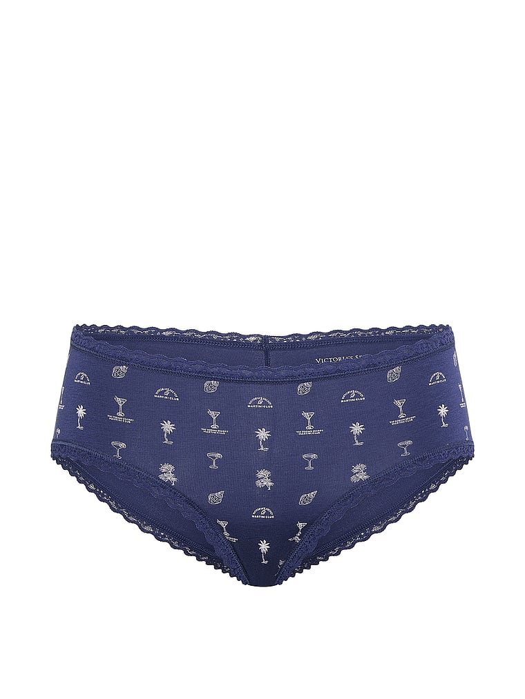 Victoria's Secret, Lace Trim Cotton Shadow Stripe Lace-Waist Cheeky Panty, Ink Blue Martini Club, offModelFront, 3 of 3