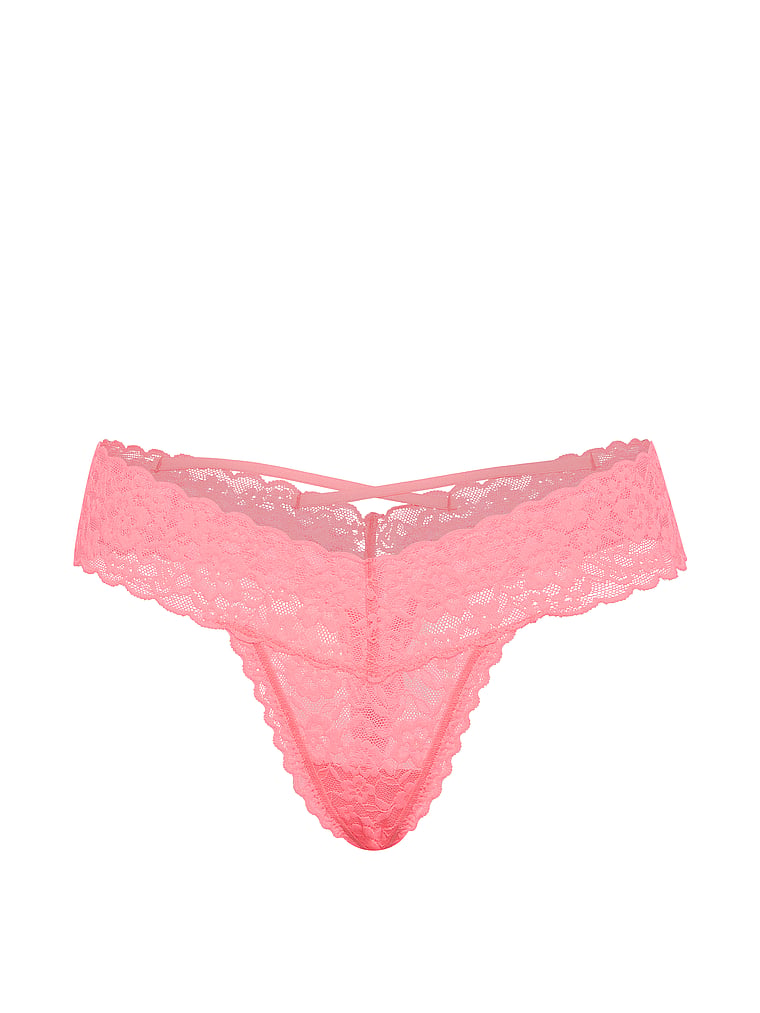 Victoria's Secret, The Lacie Lace Strappy-Back Thong Panty, Pink Highlighter, offModelFront, 3 of 3