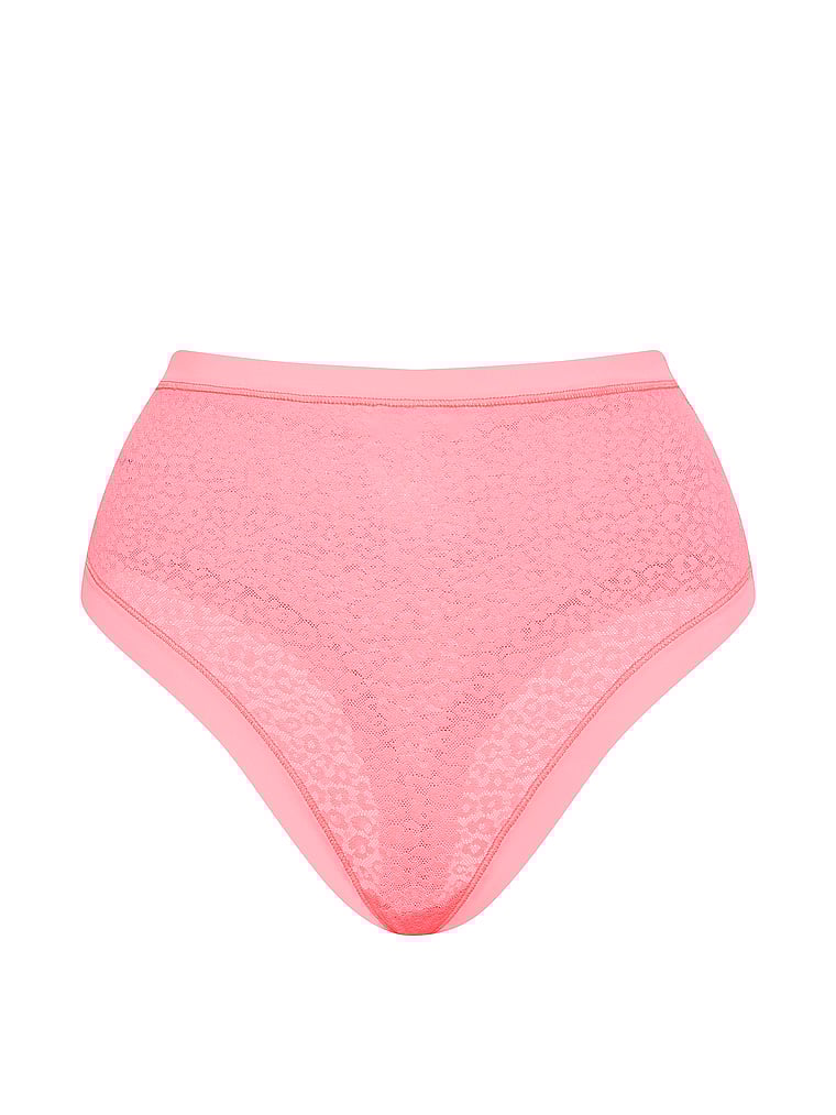 Victoria's Secret, No-Show No-Show Leopard Lace High-Waist Thong Panty, Pink Highlighter, offModelFront, 3 of 3