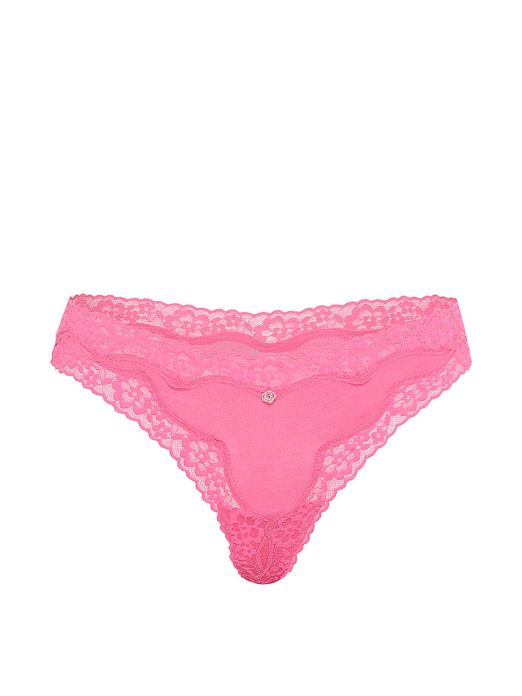 Victoria's Secret, Lace Trim Cotton Lace-Waist Thong, Pink Radiance, offModelFront, 2 of 4
