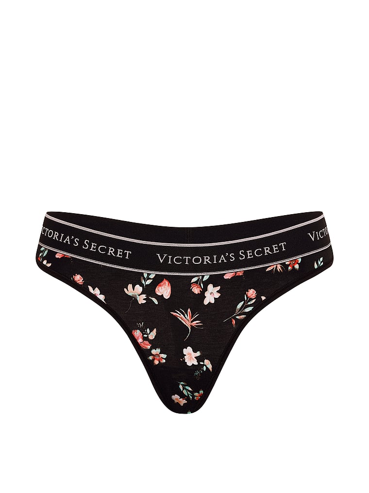 Victoria's Secret, Cotton Logo Cotton Thong Panty, Black Floral, offModelFront, 3 of 3