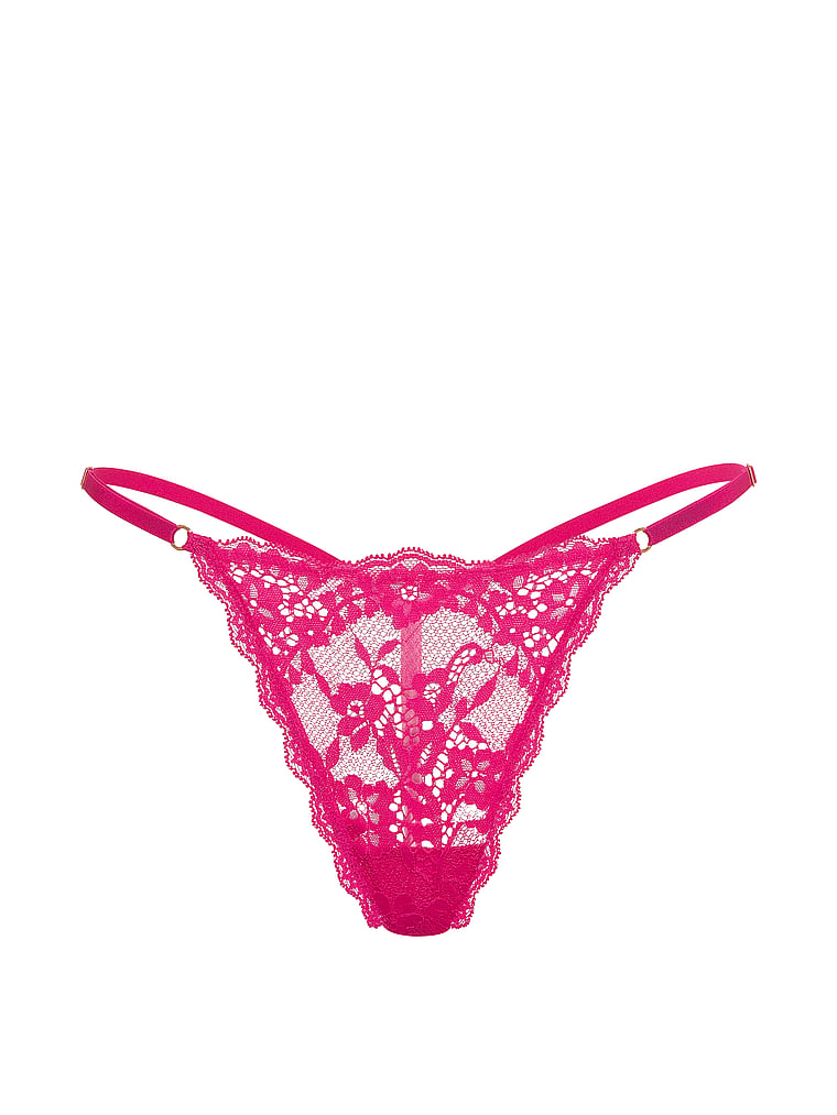 Victoria's Secret, Dream Angels Lace-Trim Adjustable V-String Panty, Pink, offModelFront, 3 of 3