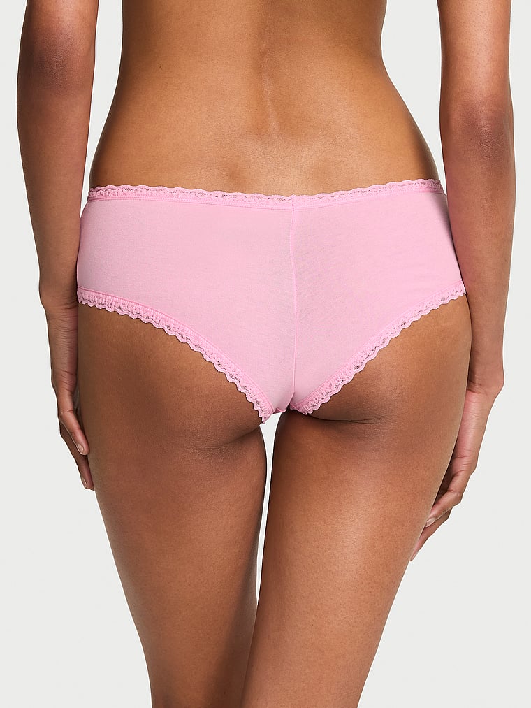 Victoria's Secret, Lace Trim Cotton Pointelle Lace-Waist Cheeky, Cupid Pink Strawberry, onModelBack, 2 of 3