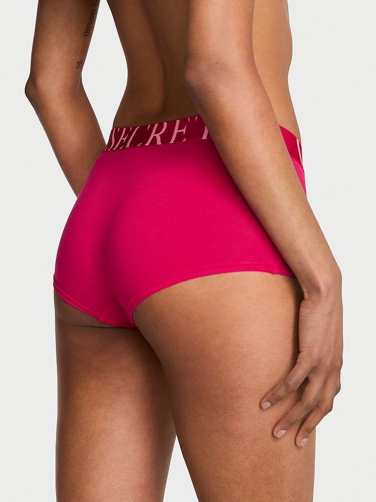 Victoria's Secret, Cotton Logo Cotton Lace Patch Boyshort Panty, Vibrant Fuchsia, onModelBack, 2 of 3