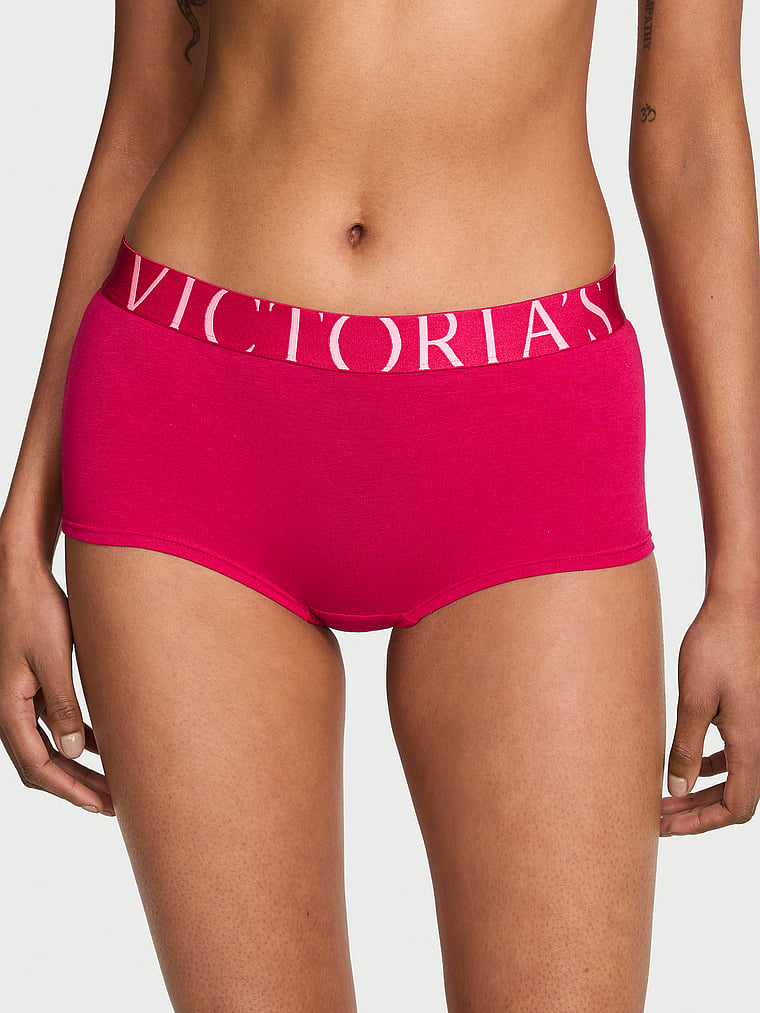 Victoria's Secret, Cotton Logo Cotton Lace Patch Boyshort Panty, Vibrant Fuchsia, onModelFront, 1 of 3
