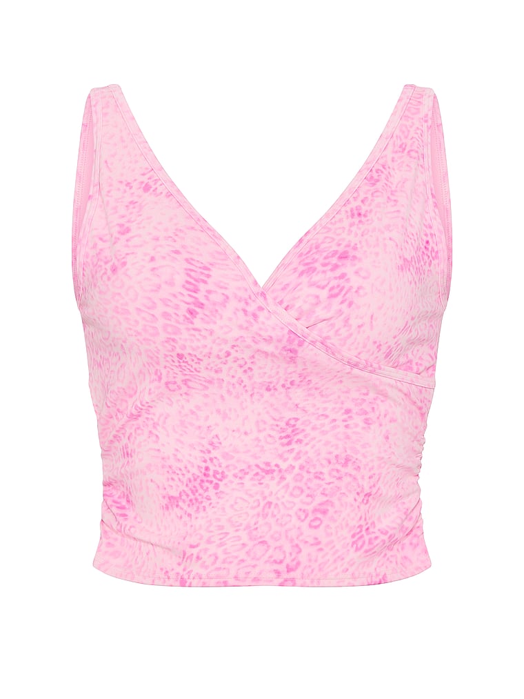 PINK PINK Relay™ Ruched Wrap Bra Tank, Pink Leopard, offModelFront, 3 of 3
