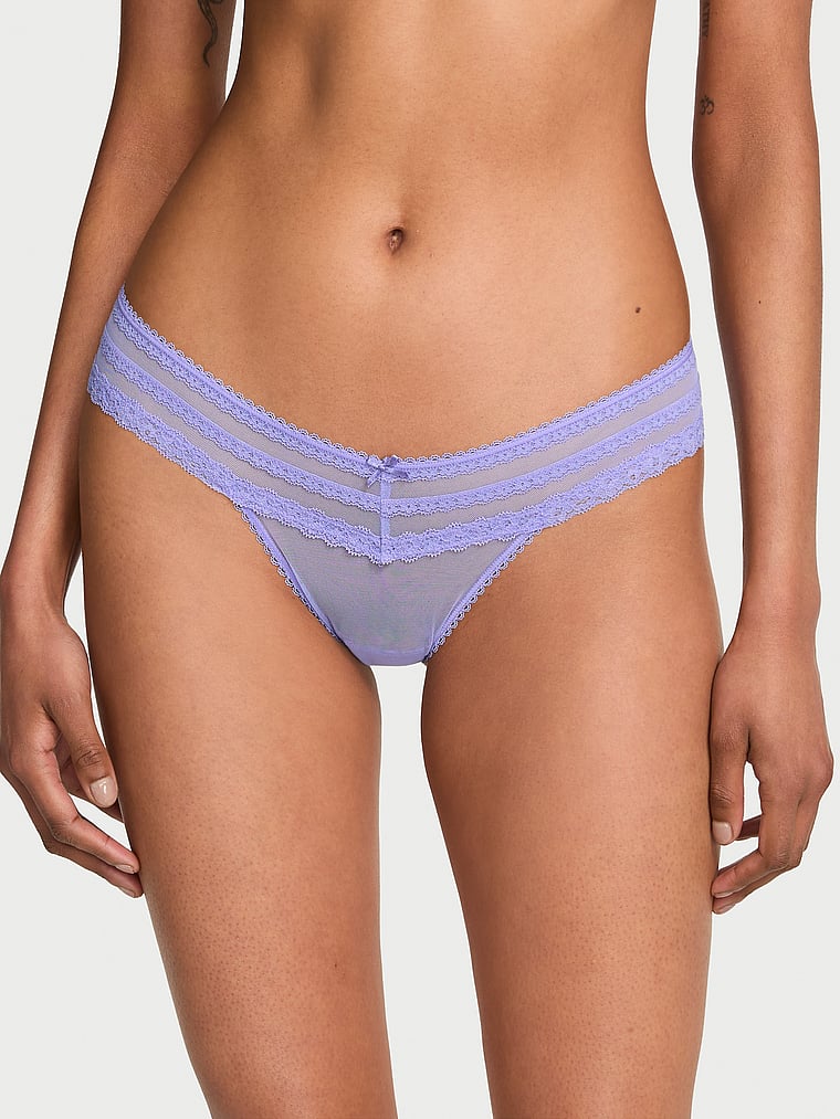 Victoria's Secret, Dream Angels Lace-Trim Brazilian Panty, Periwinkle, onModelFront, 1 of 3