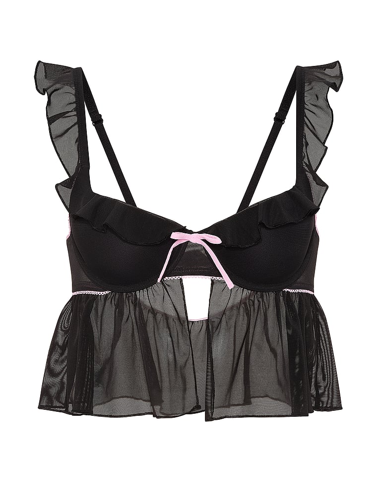 PINK GRWPINK™ Lightly Lined Babydoll Bra Top, Black & Pink Trim, offModelFront, 3 of 3