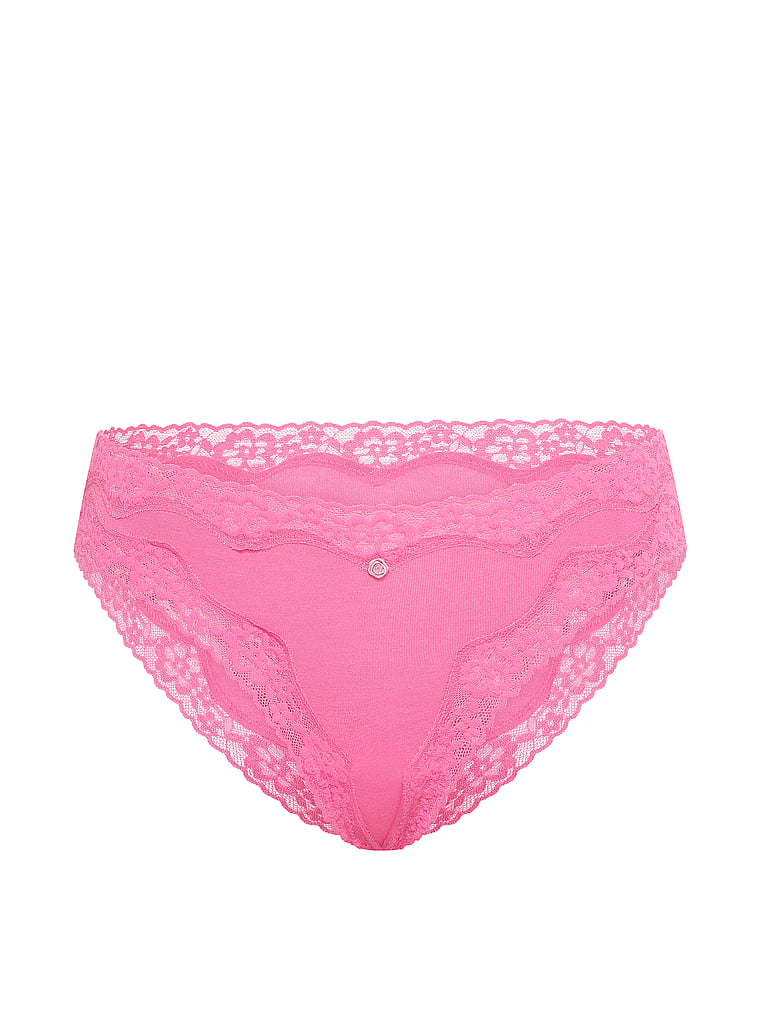 Victoria's Secret, Lace Trim Cotton Lace-Waist Bikini Panty, Pink Radiance, offModelFront, 3 of 3
