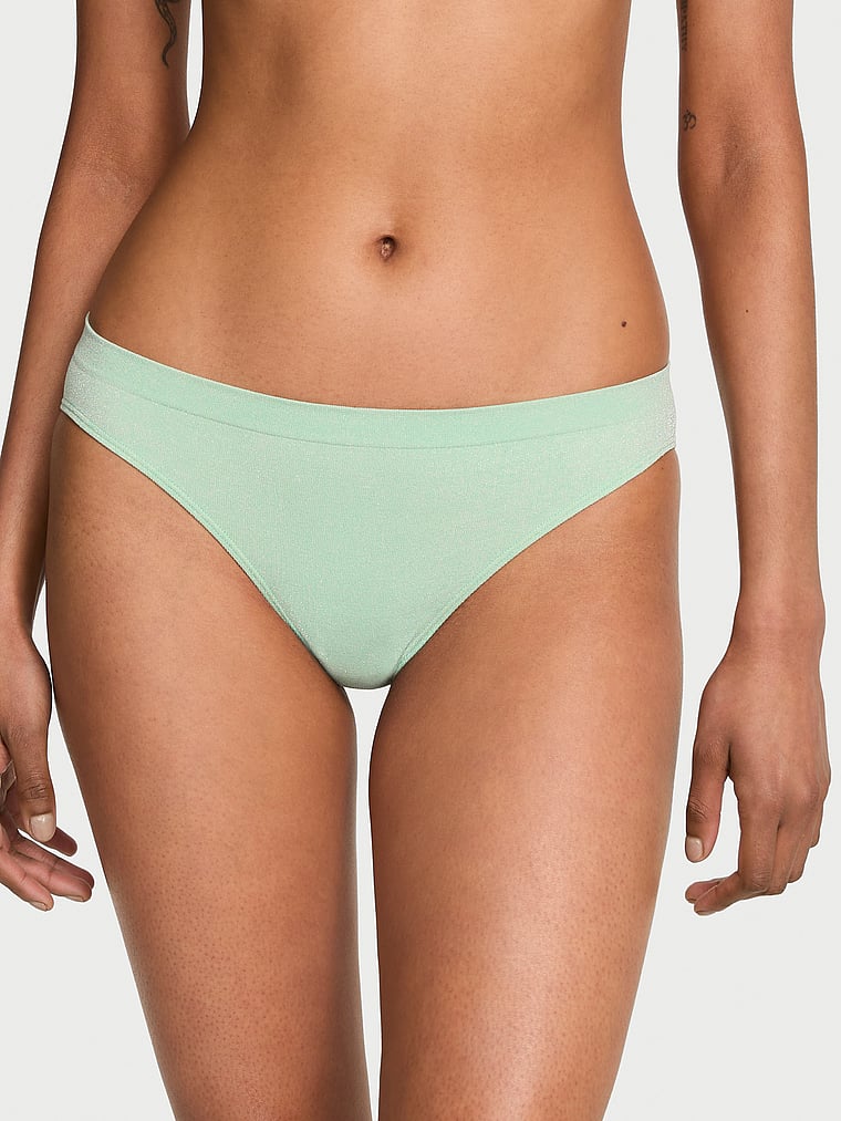 Victoria's Secret, Seamless Seamless Eyelet Bikini Panty, Waterfall, onModelFront, 1 of 3