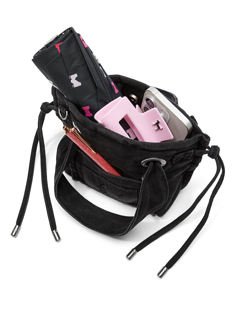 PINK Canvas Flat-Bottom Mini Tote Bag, Black, detail, 4 of 4