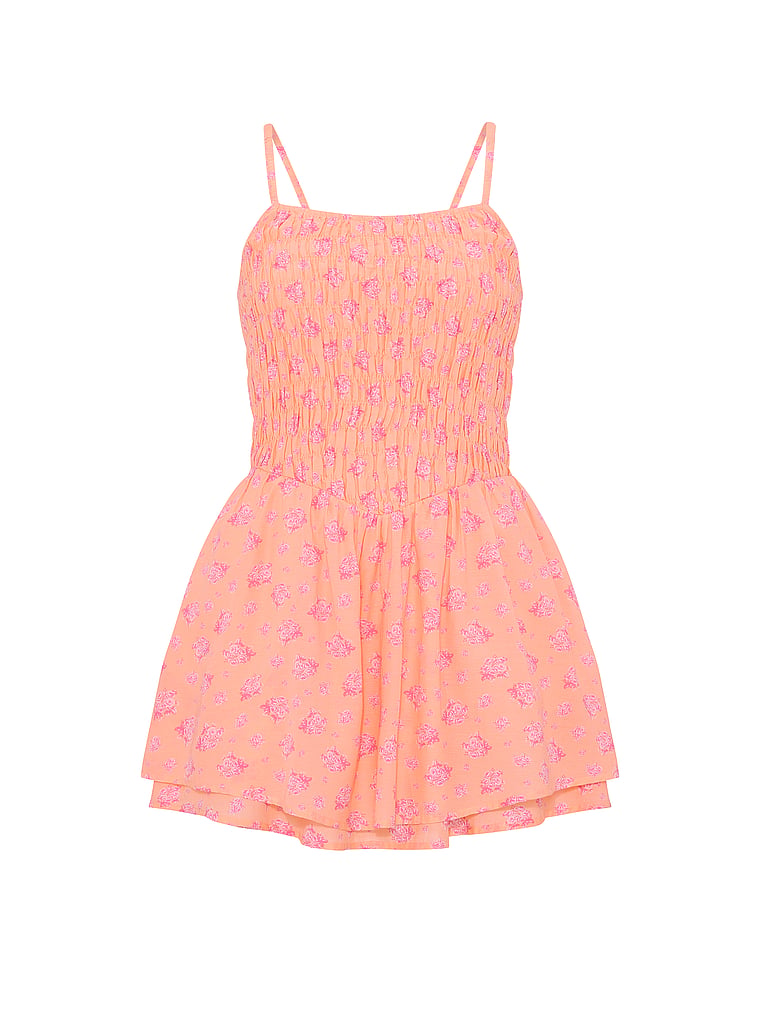 PINK Flirty Fit Smocked Mini Dress, Peach Floral, offModelFront, 4 of 4