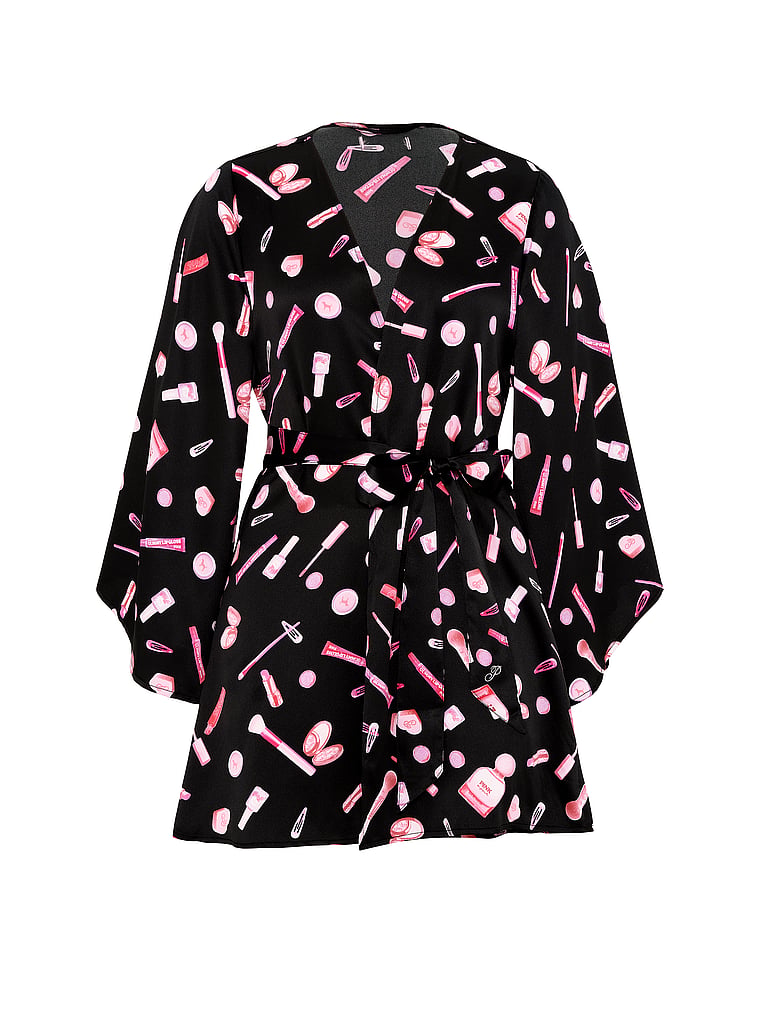 PINK GRWPINK™ Satin Robe, Black Makeup Print, offModelFront, 3 of 3