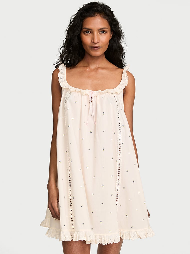 Victoria's Secret, Victoria's Secret Cotton Dream Lace-Trim Short Slip Dress, Coconut White Floral, onModelFront, 1 of 4