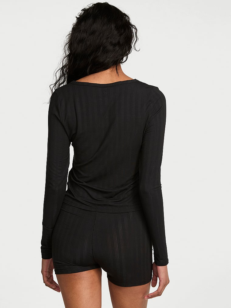 Victoria's Secret, Victoria's Secret SoSoft™ Modal Ultra-Fine Long-Sleeve Henley Top, Black, onModelBack, 2 of 3