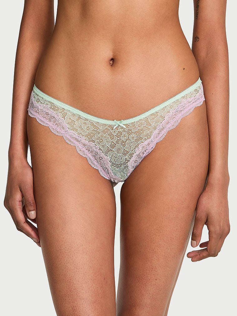 Victoria's Secret, Victoria's Secret Tease Mesh Lace-Trim High-Leg Thong Panty, Green, onModelFront, 1 of 3